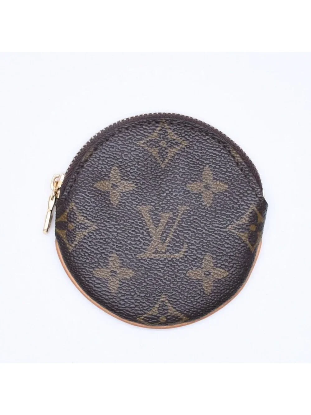 Louis Vuitton Porte Monnaie Rond Coin Purse Monogram Canvas Brown Case Gold